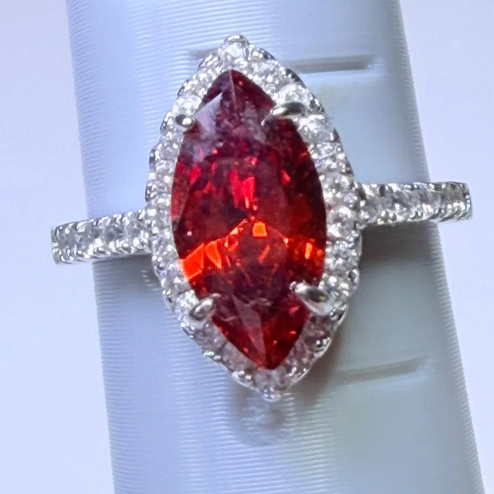 Marquise Cut Red Gemstone Halo Ring Silver Tone Pavé Band Statement Jewelry